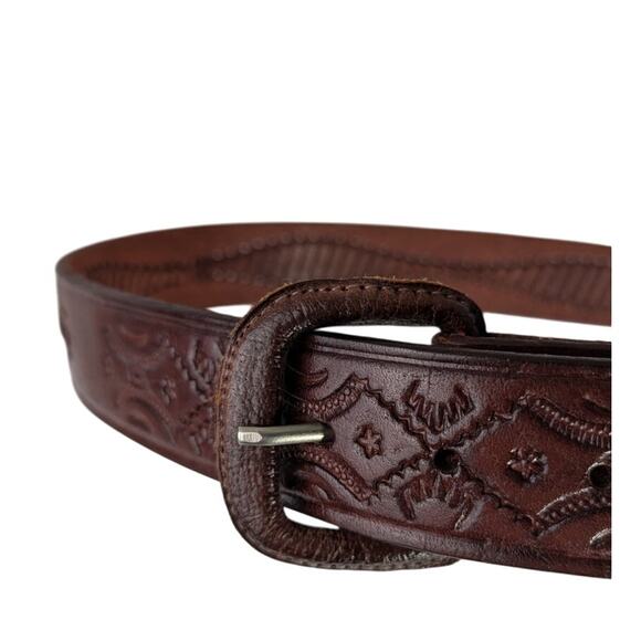 Mens belt Mexican handtooled + woven leather buckle Waist 34-38" 11/2"wide EVU - Picture 1 of 8